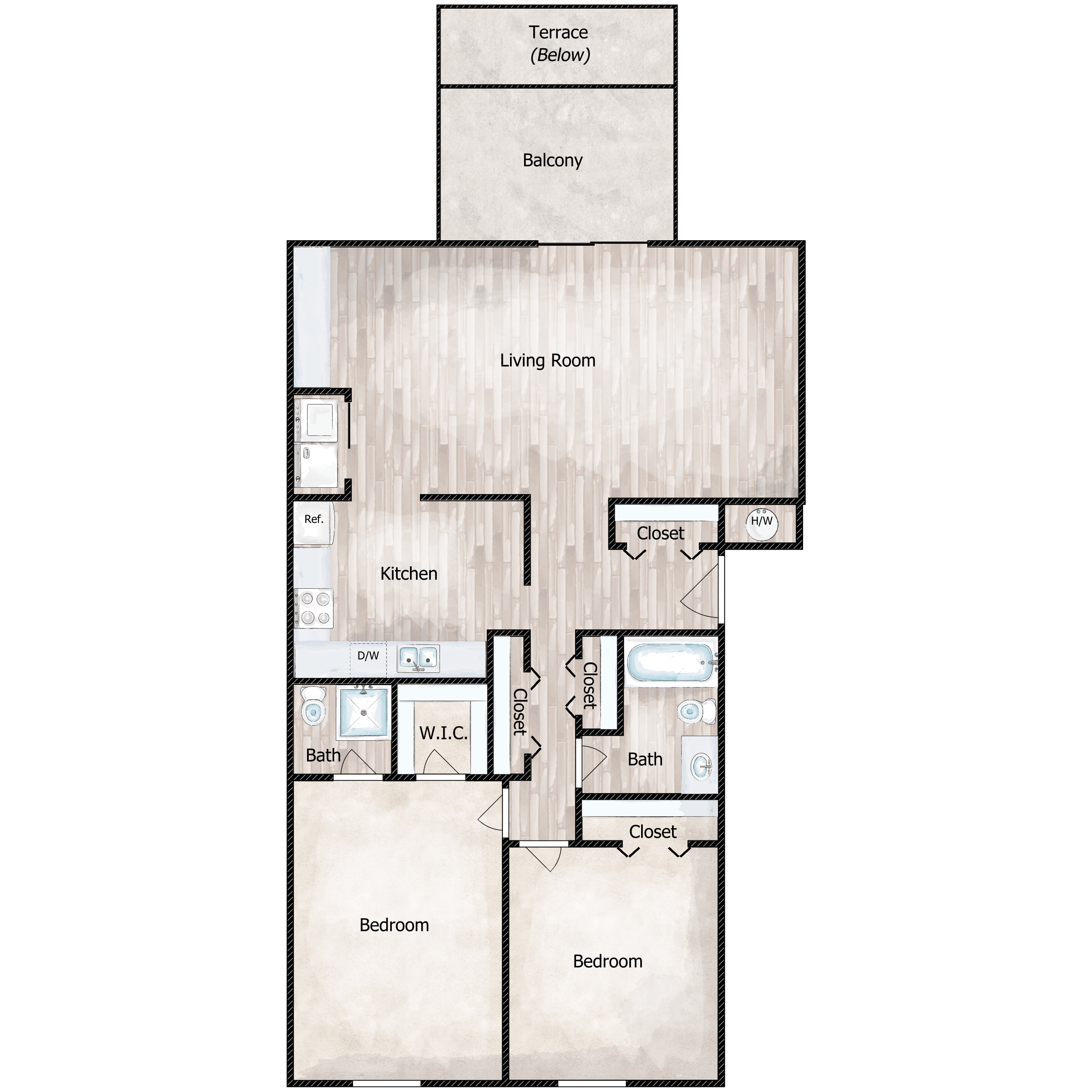 Floor plan for 2 beds, 1.5 baths, 1065 sqft